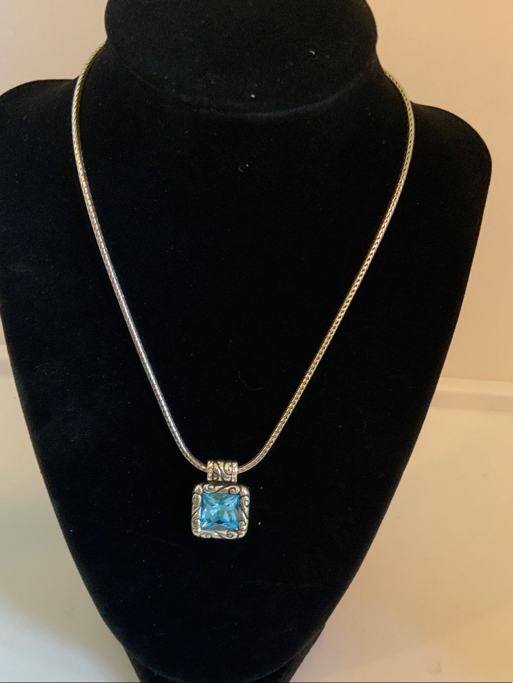 Brighton Silver Necklace with Blue Square Crystal Pendant